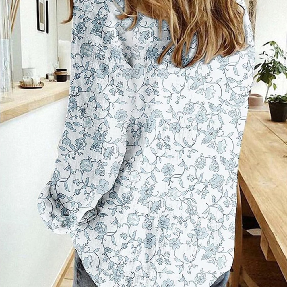 Gray and White Floral Long Sleeve Blouse